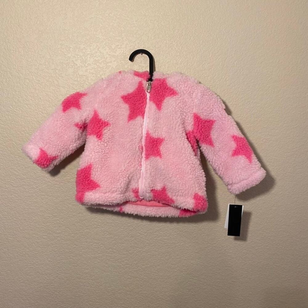 Steve Madden Pink Faux Fur Hooded Zip Up Jacket With Stars Print 12M